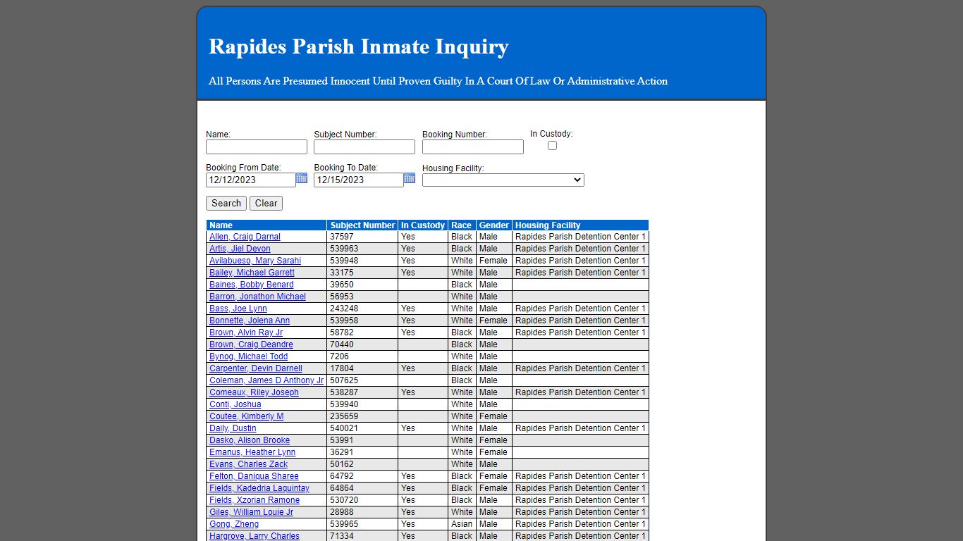 Rapides Parish Inmate Inquiry - 12.189.45.22